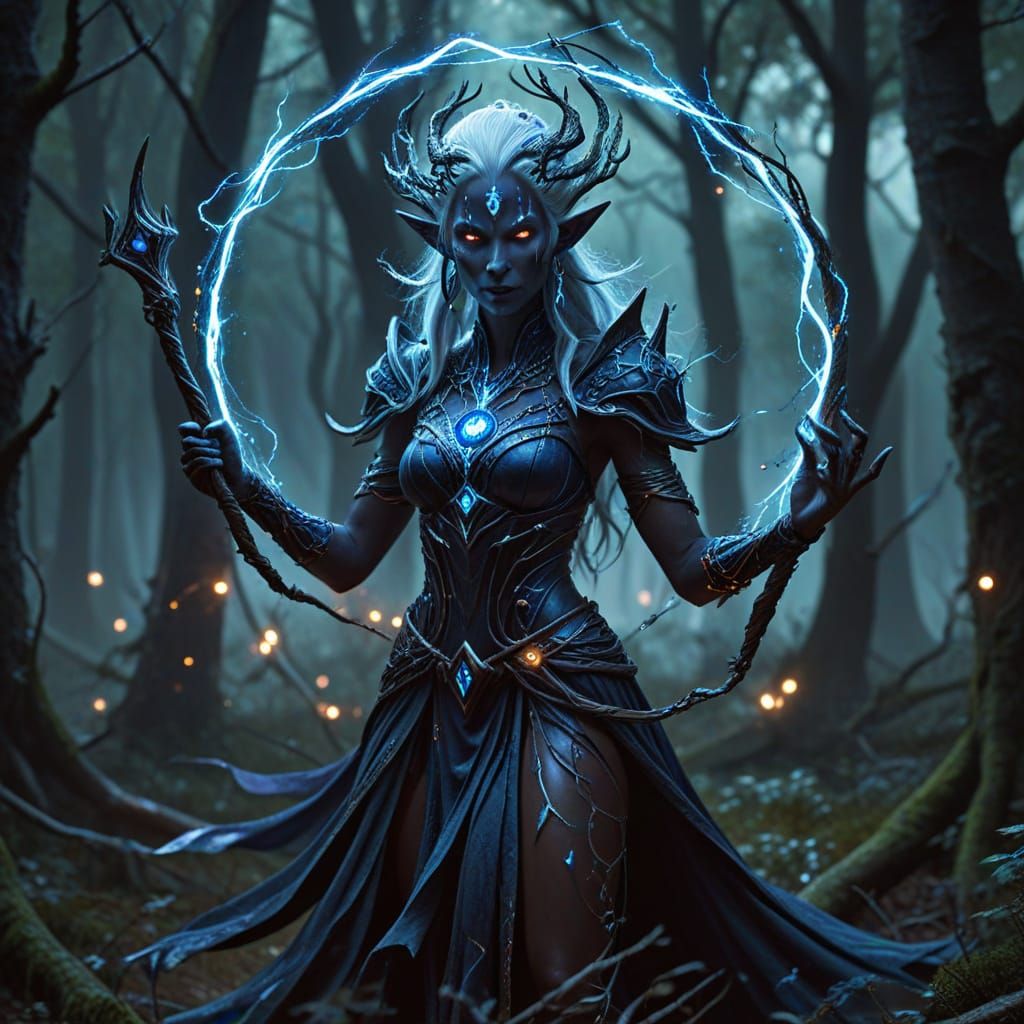 Dark Elf Sorceress Conjuring Magic in Moonlit Forest