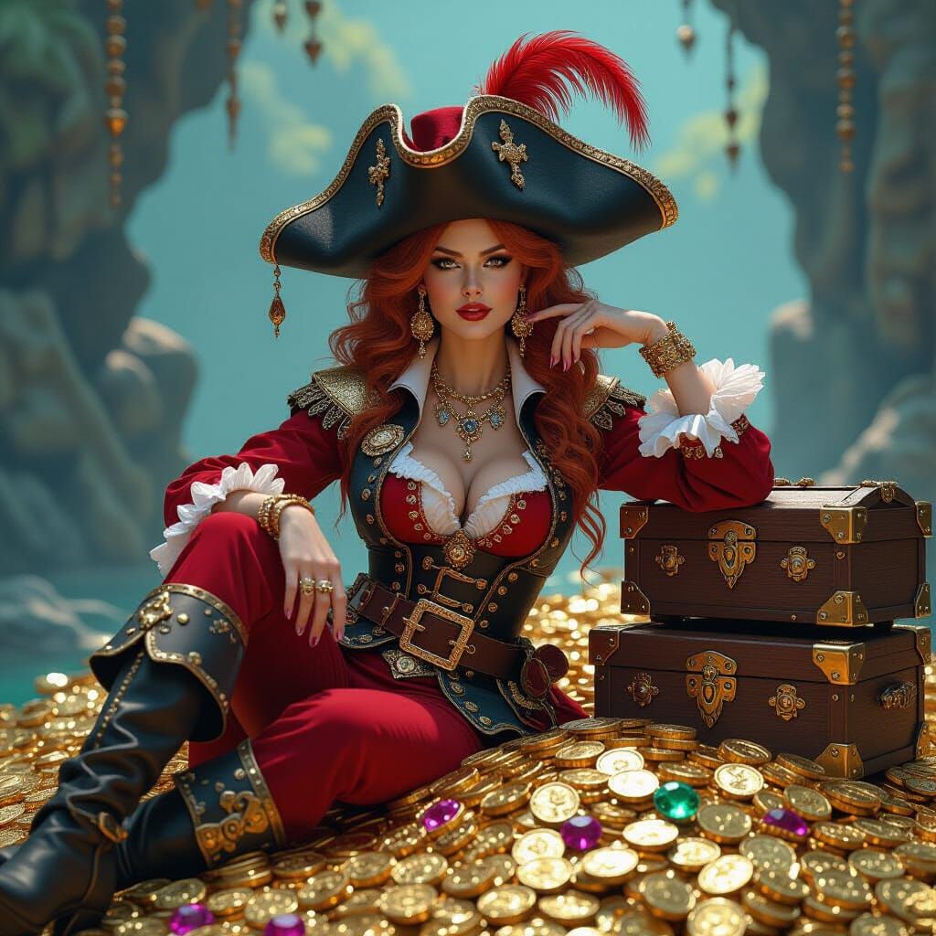 Redhead Pirate Lady in Witch Hat with Treasure