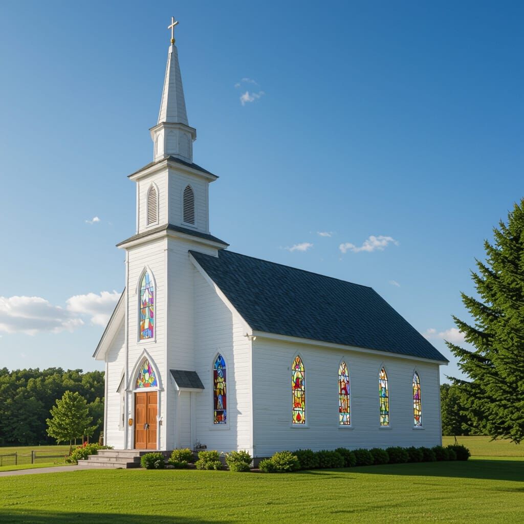 Beautiful Country Church with Tall Steeple and Stained Glass