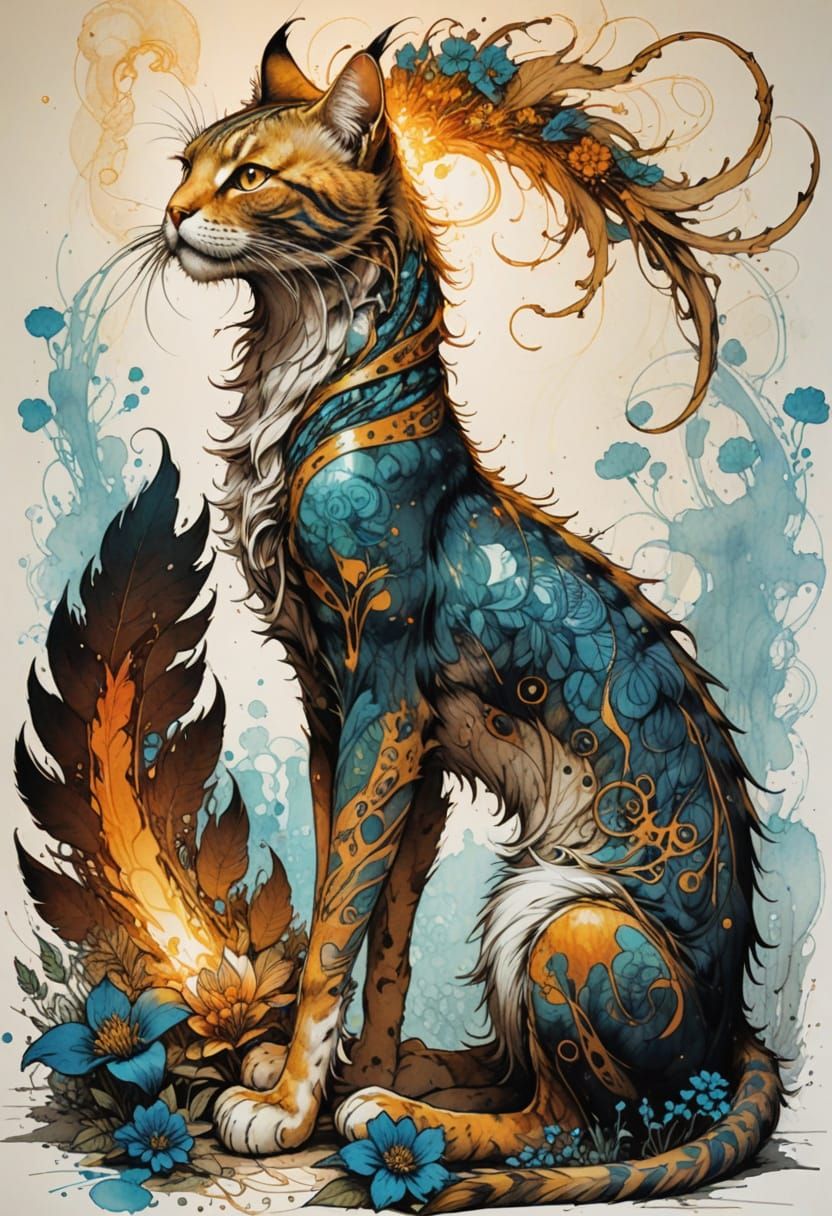 Mystical Hybrid Cat Creature in Ink Sketch Style