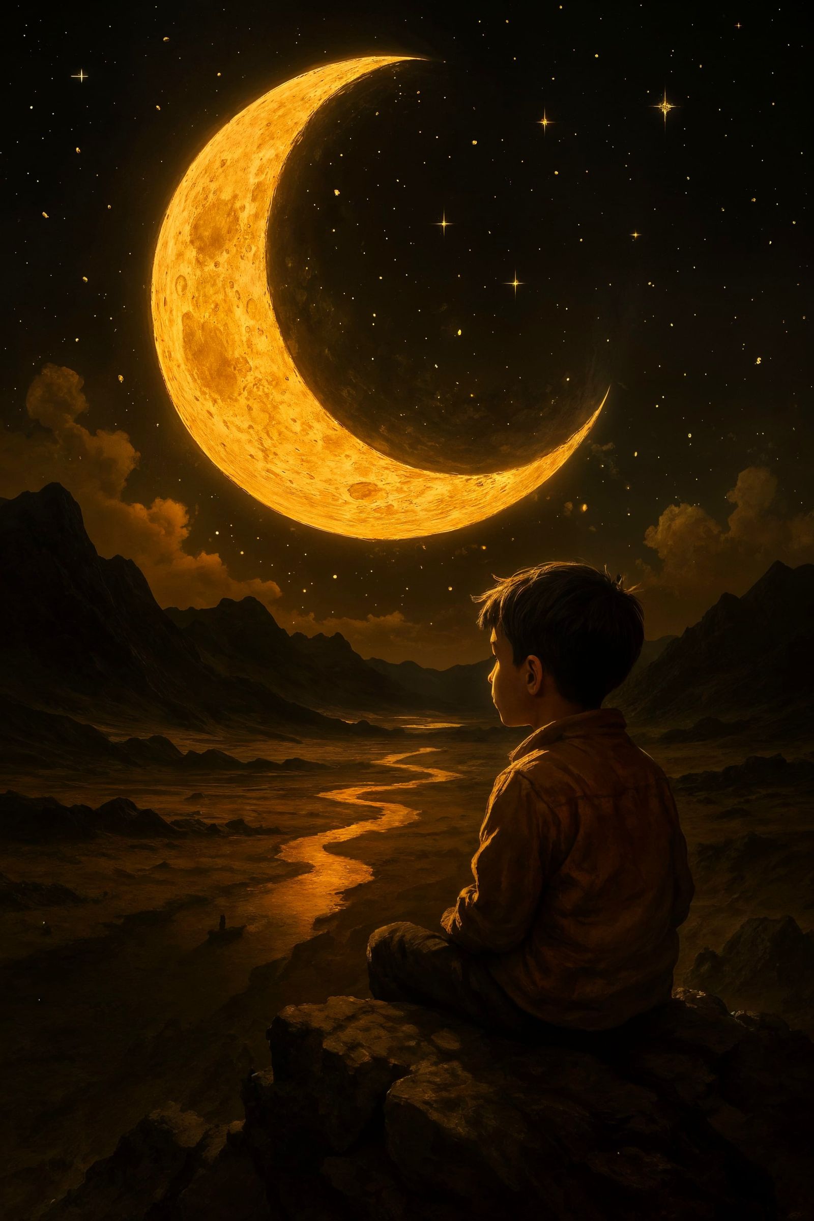 Boy Observes Golden Moon on Alien Planet