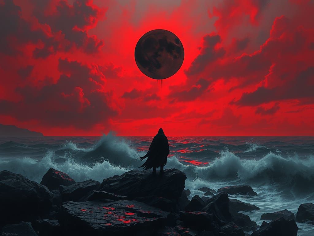 Ominous Dark Figure on Rocky Shores