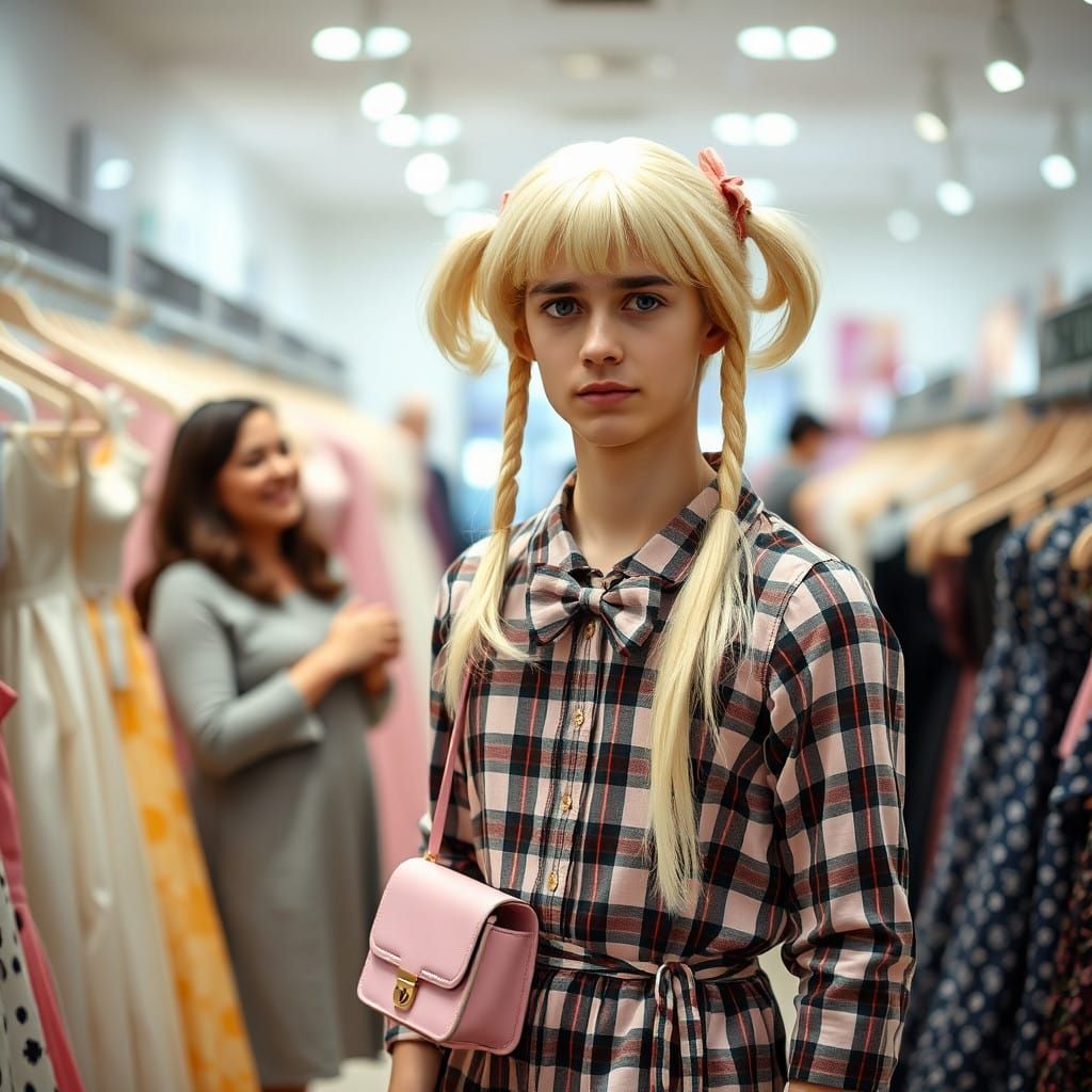 Worried Young Man Crossdressing in Plaid Dress