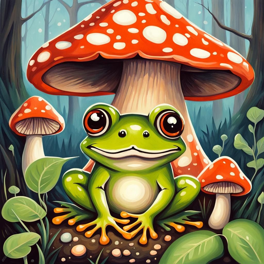 Charming Frog in Mushroom House: Gouache Painting