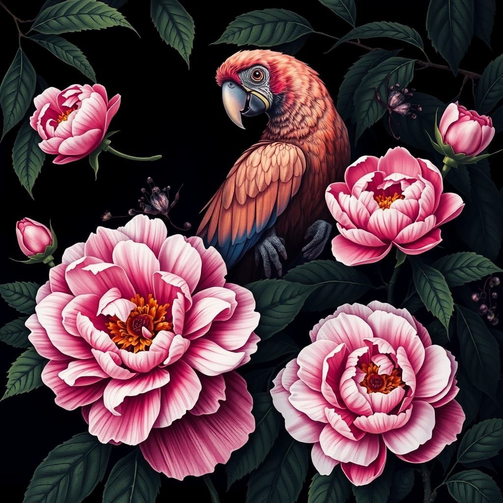 Vampiress Amazon Parrot Amidst Dark Pink Peonies in Artistic...