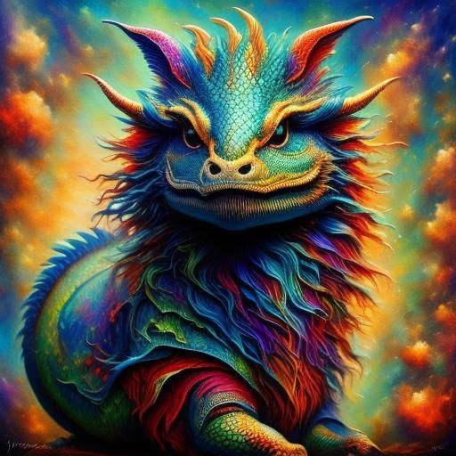 Dragon Guarding Treasure as Oil Painting