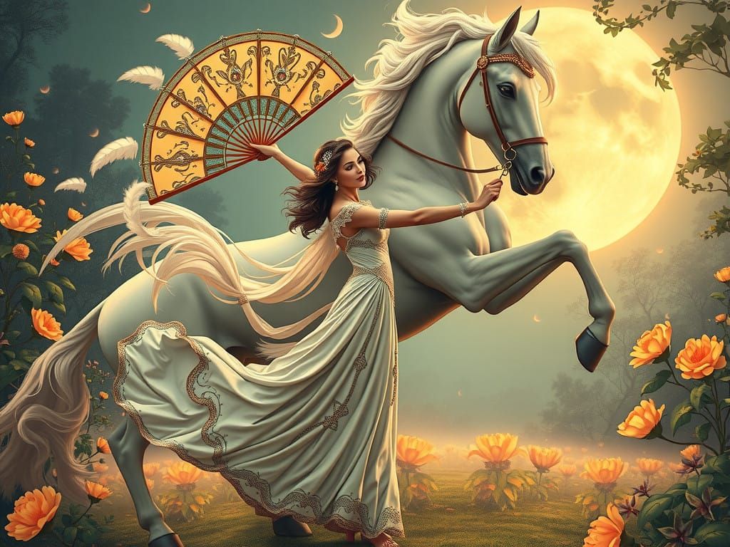 Elegant Woman Dances with Horse in Art Nouveau Garden