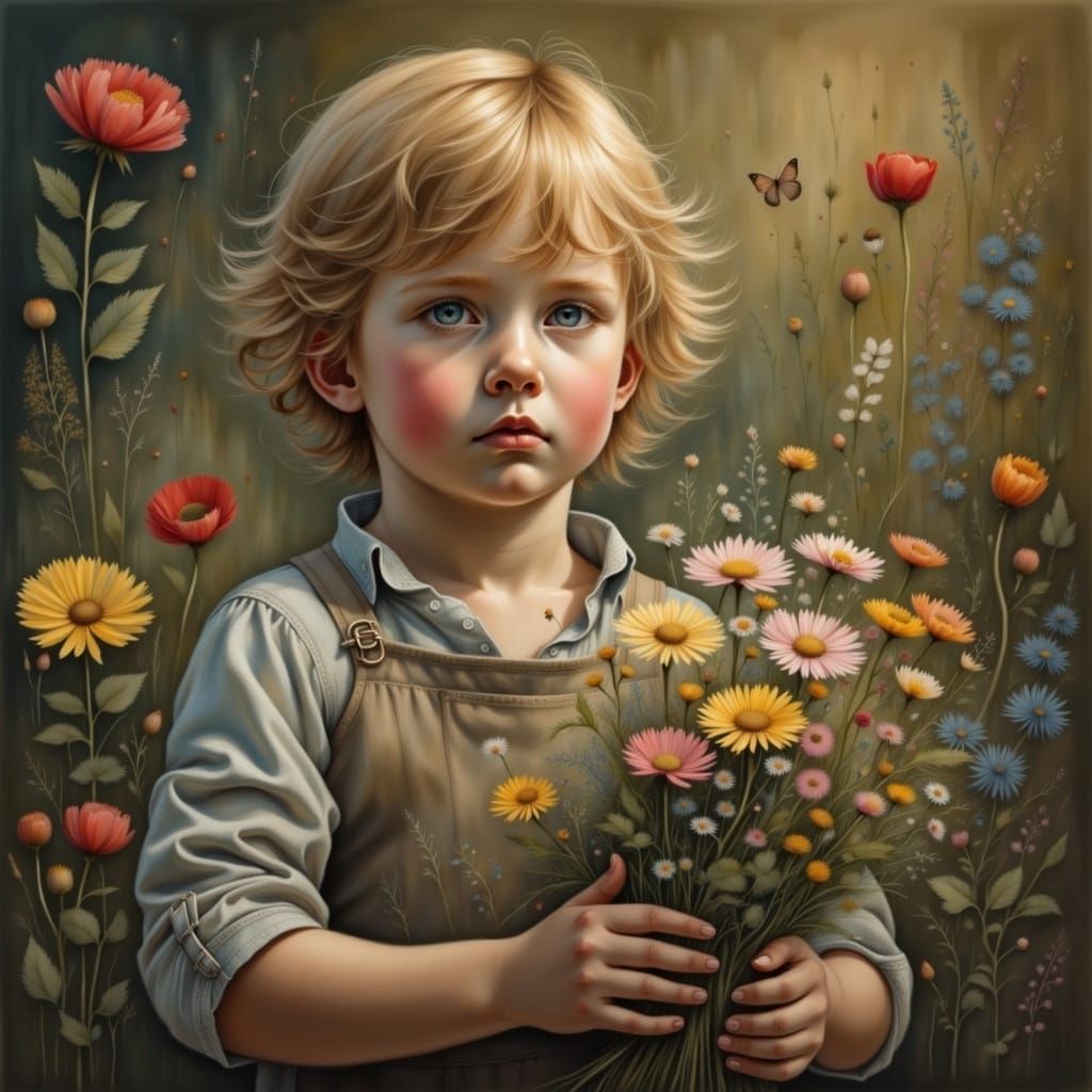 Sweet Boy with Flowers in Gentle World Style