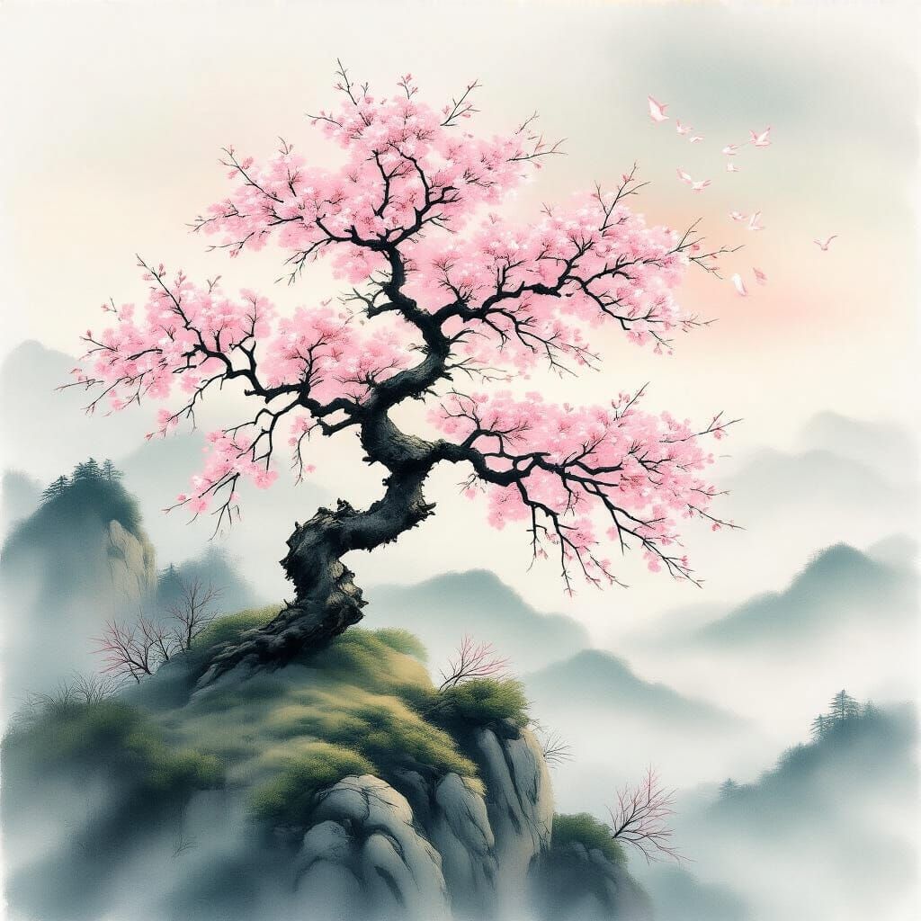 Ethereal Cherry Tree on Misty Peak in Japanese Art Style