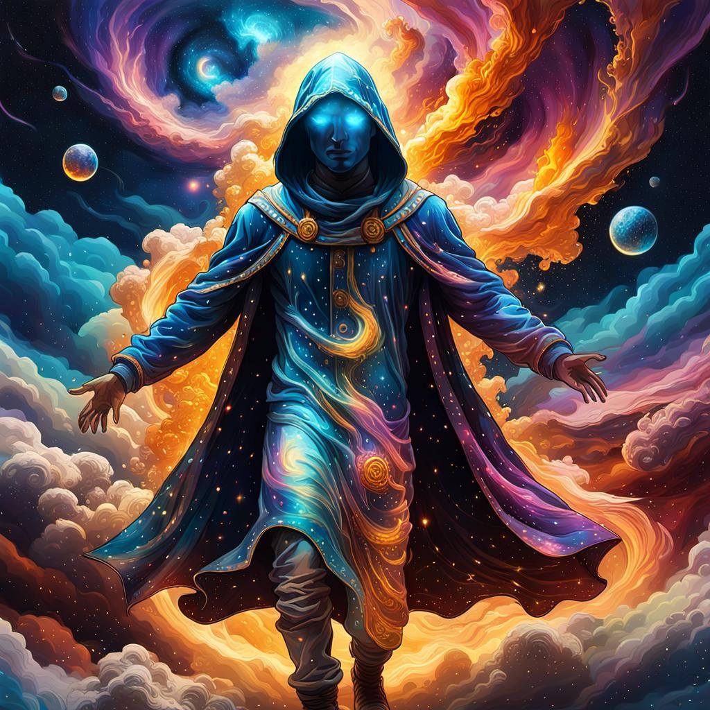 Hooded Figure Enters Cosmic Storm, Visionary Art
