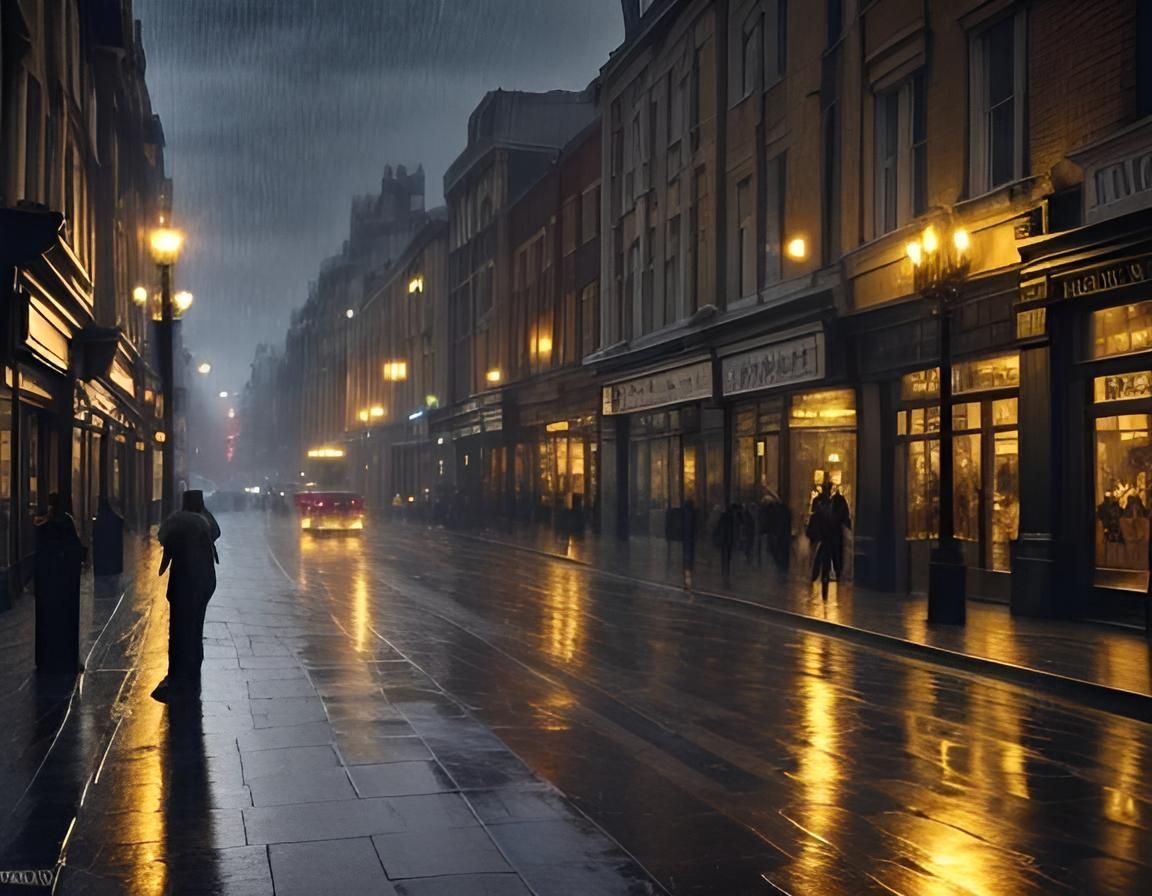 a rainy street in downtown london,