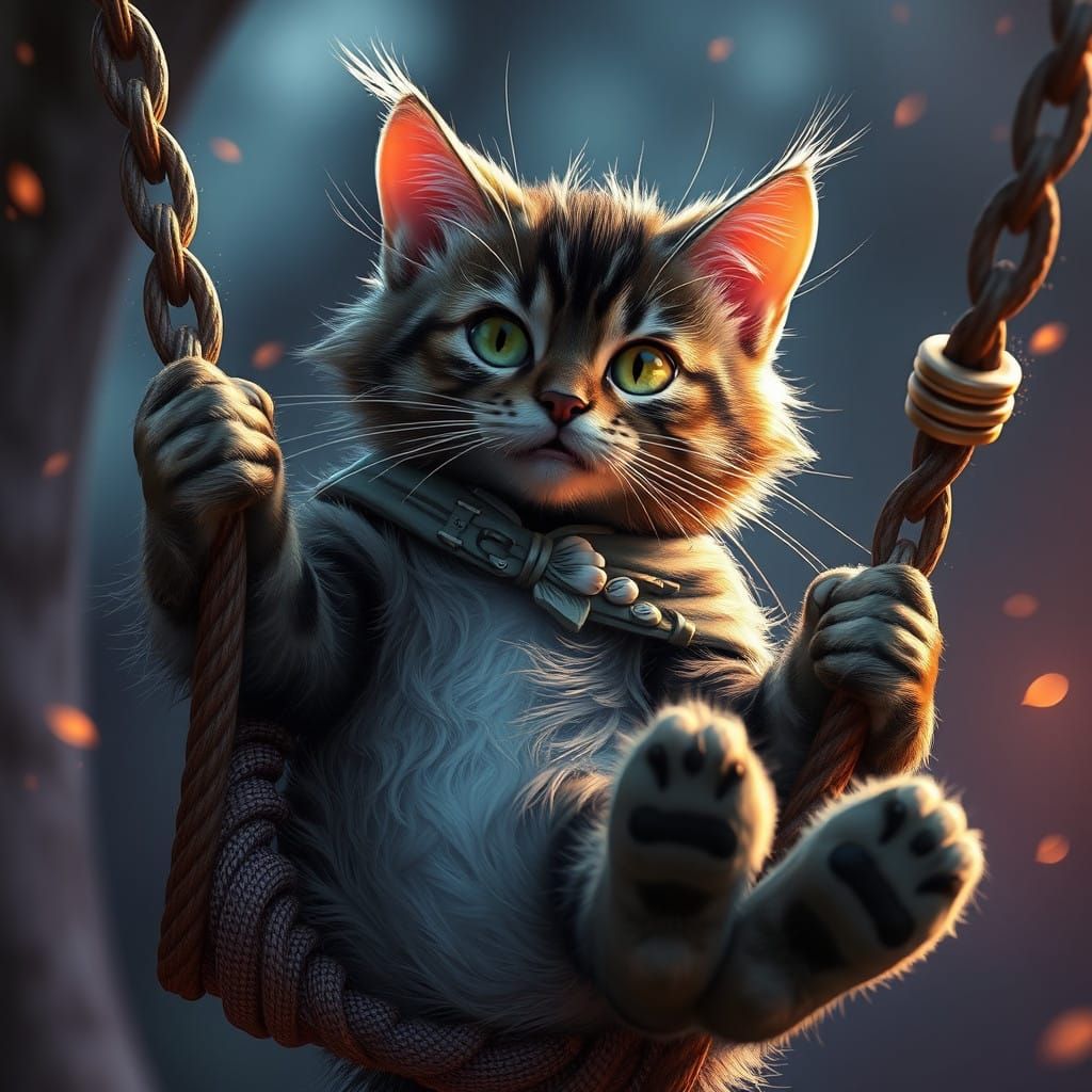 Whimsical Cat Plays in a Vibrant Swing Scene