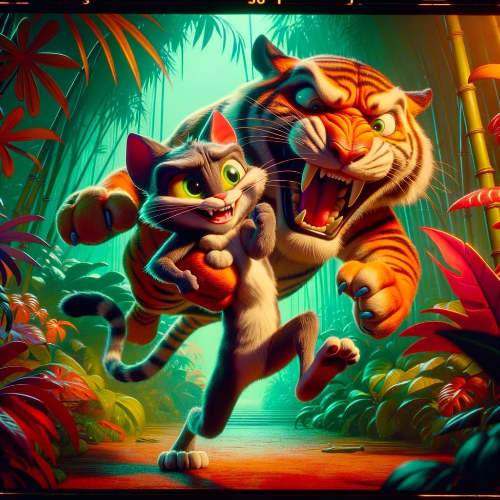Cartoon Cat Escapes with Tiger Cub
