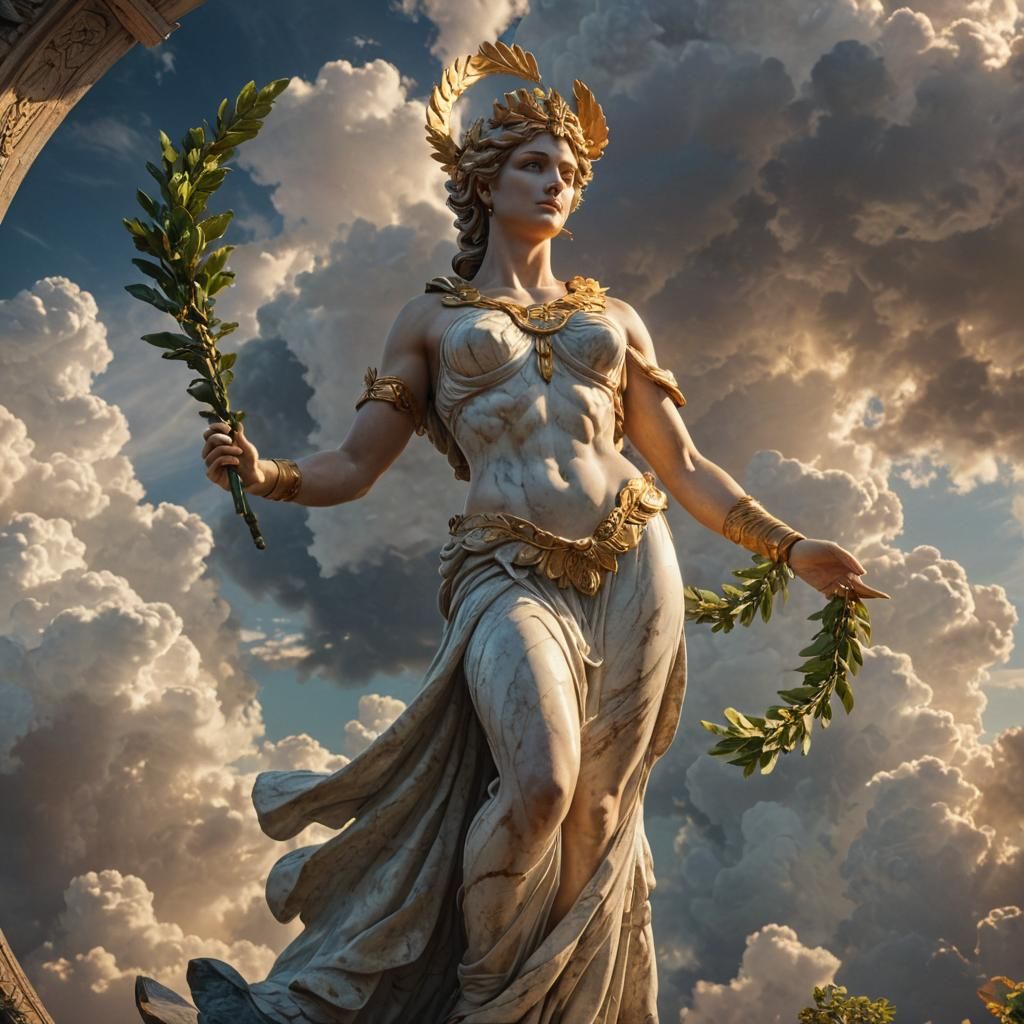 Majestic Hera Statue Amidst Wispy Clouds