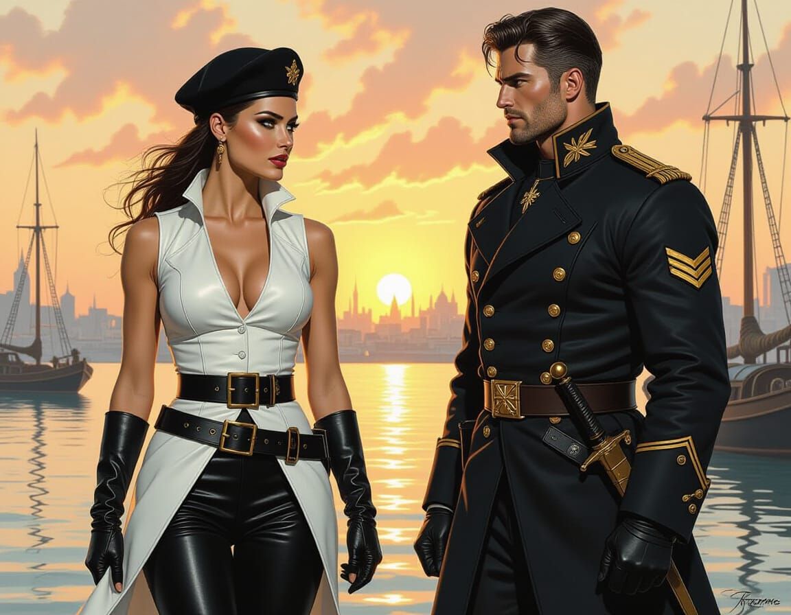 Athletic Woman Patrols Harbor in Grimdark Fantasy Style