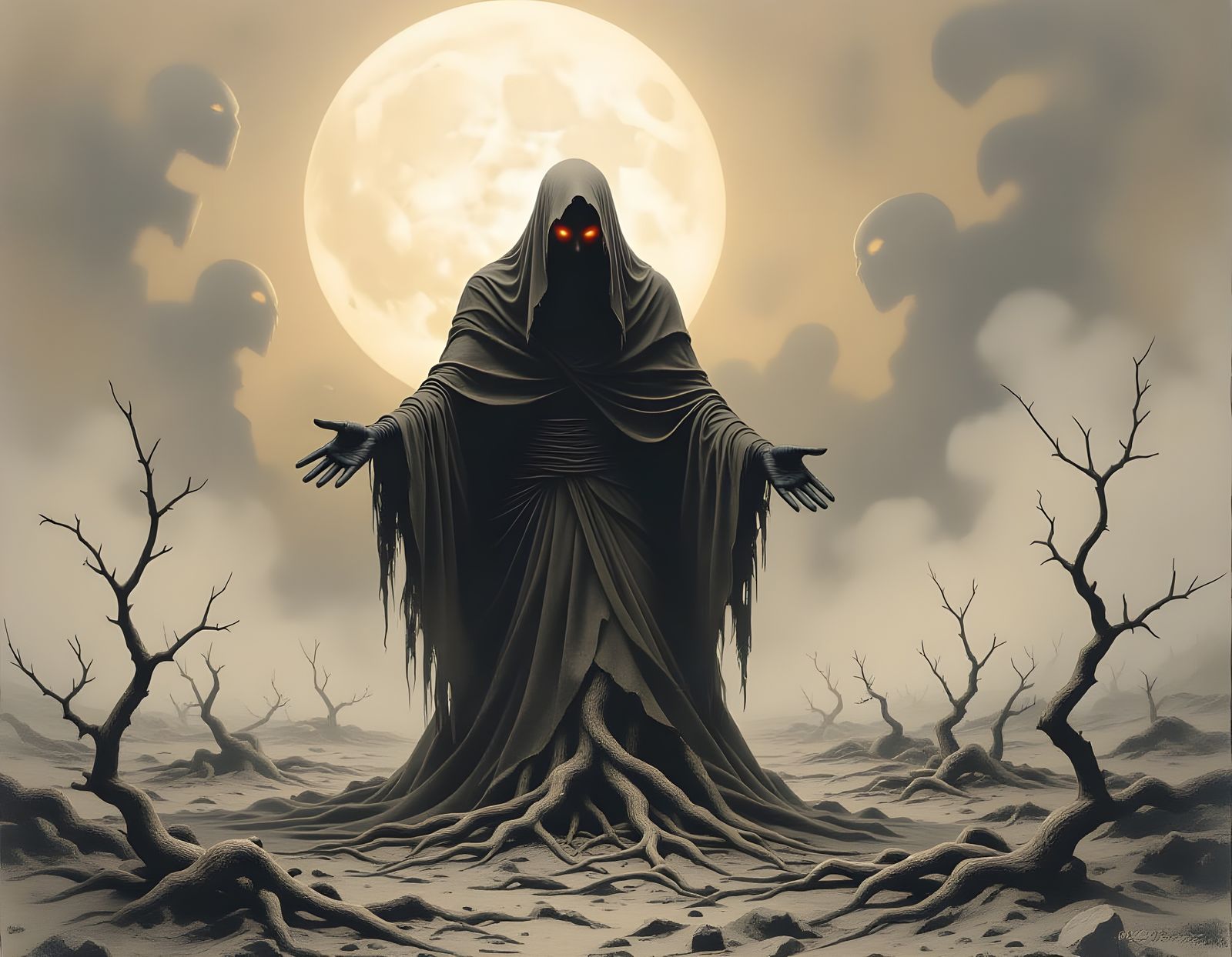 Spectral Root Figure Rises in Dark Fantasy Art