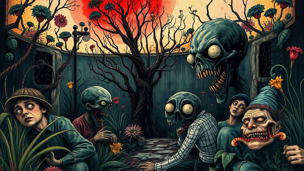 Grunge Macabre Garden in Distorted Expressionist Style