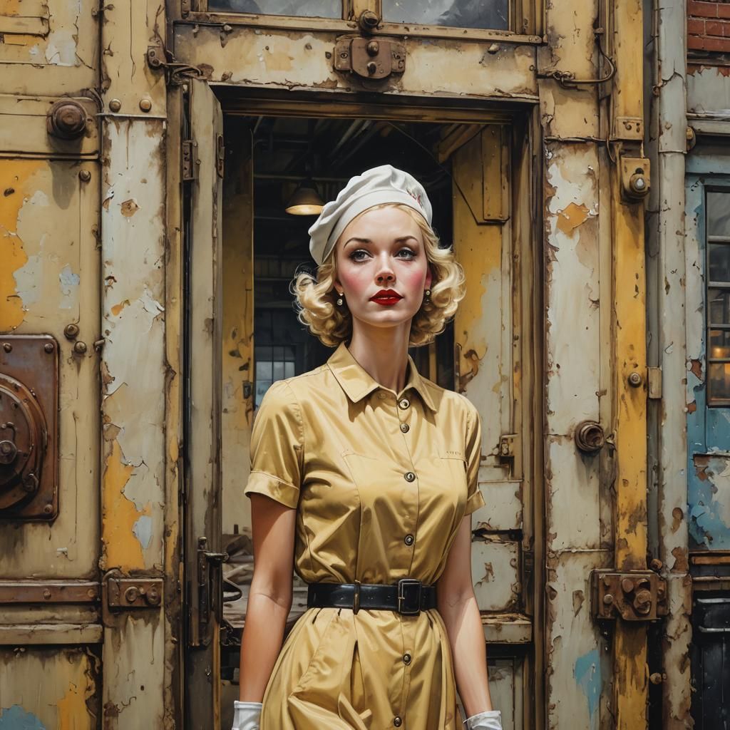 Blonde Pin-Up Girl at Factory in Rockwell Style