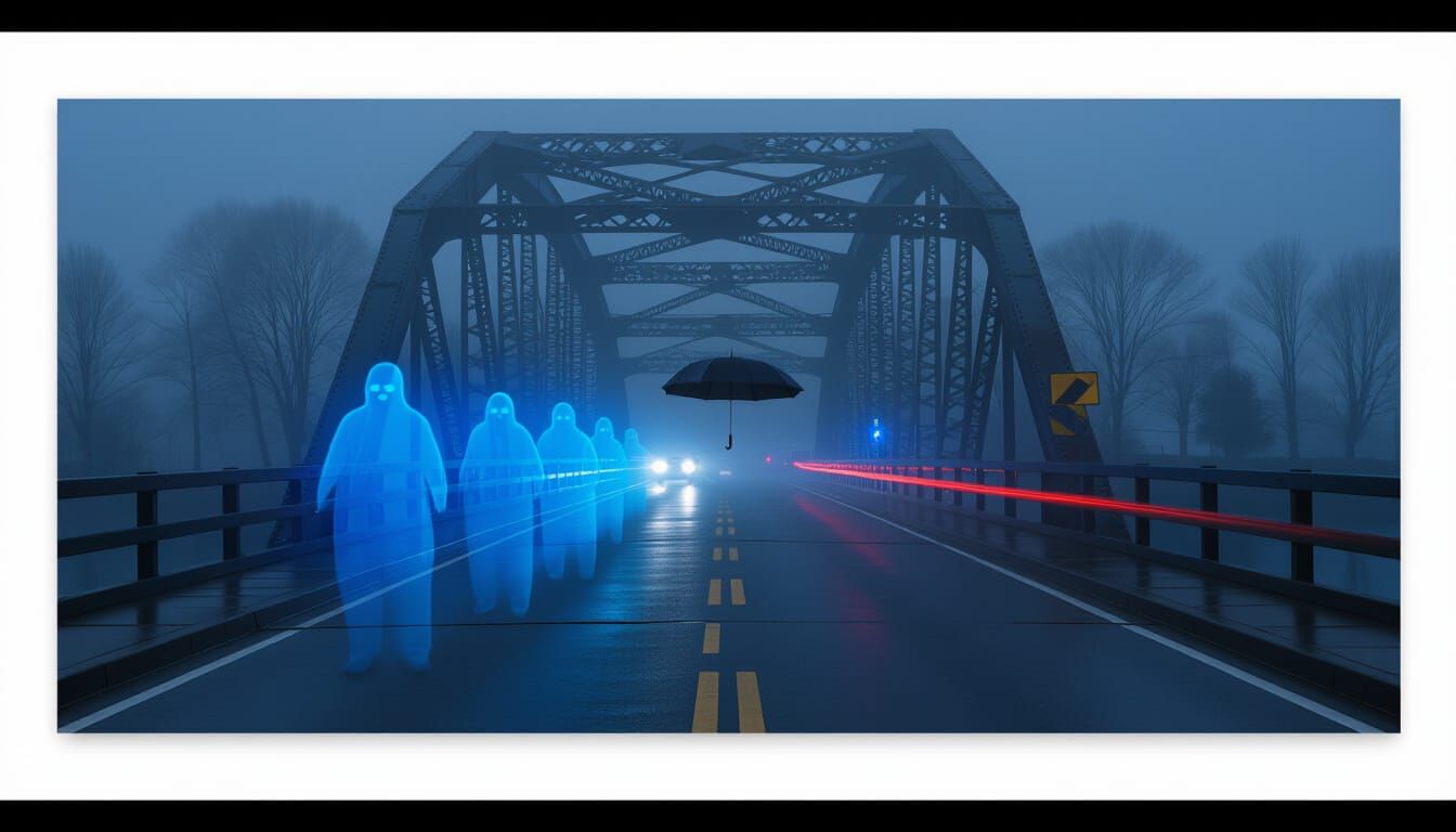 Night Bridge with Floating Umbrella in Multiple Exposure
