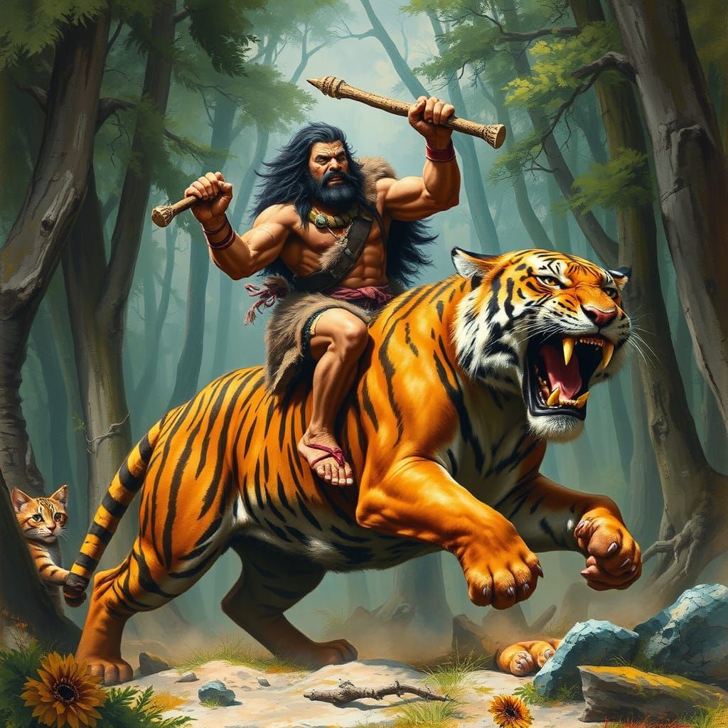 Neanderthal Warrior Rides Sabretooth Tiger in Primal Forest