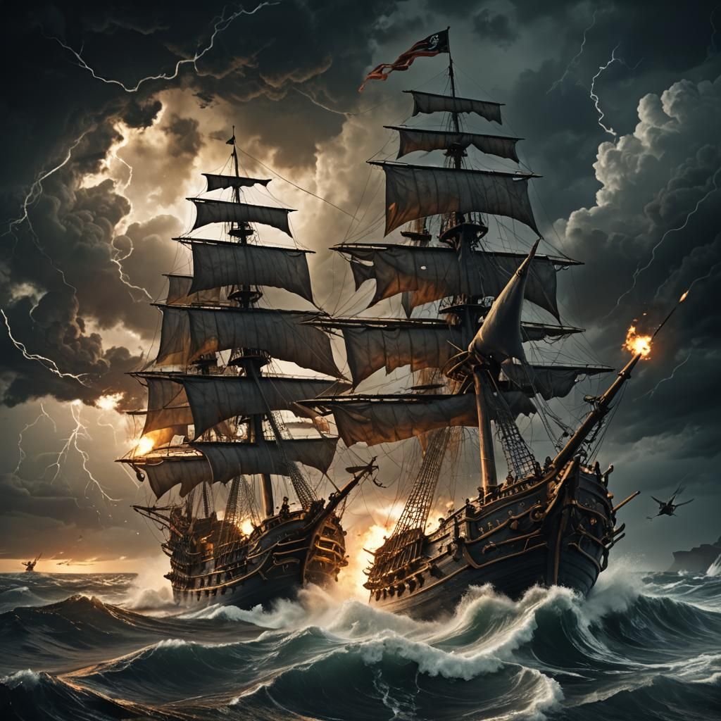 Pirate Ship Battle in Dark Fantasy Style