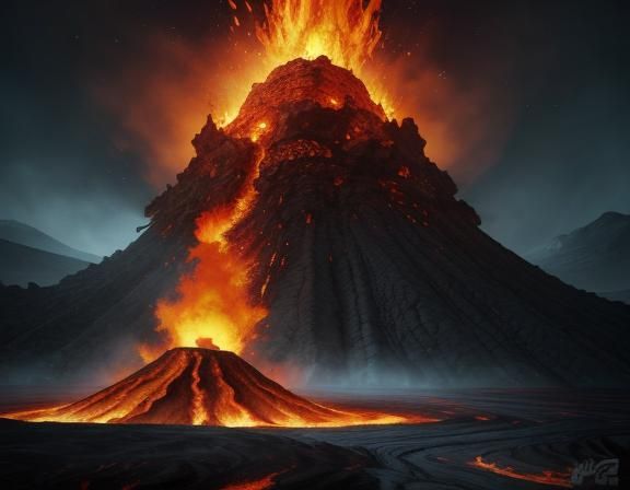 Knight Confronts Fire Elemental in Volcanic Landscape