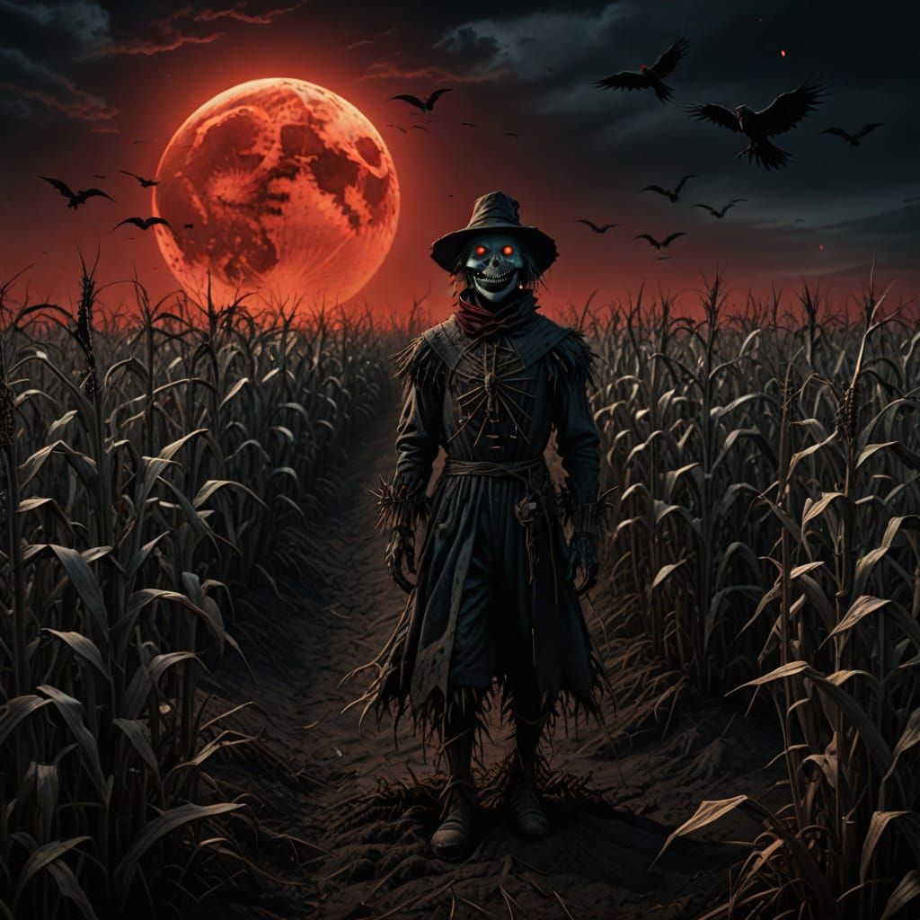 Dark Fantasy Scarecrow Under Blood-Red Moon
