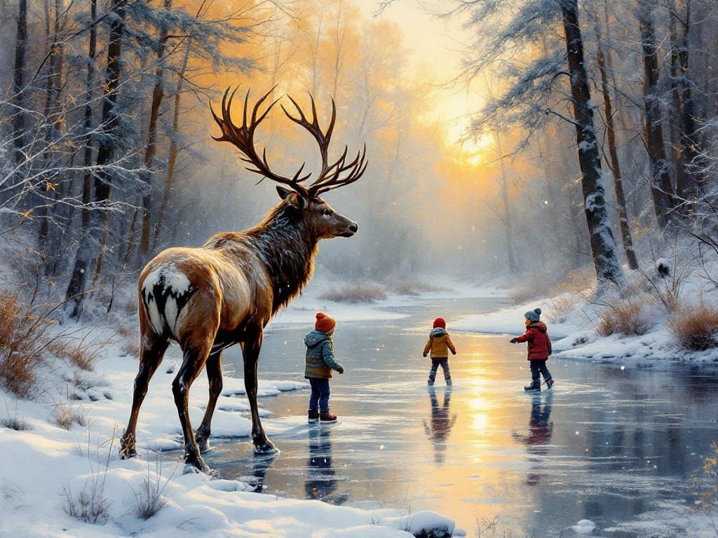 Stag Watches Children Skate: Winter Watercolor
