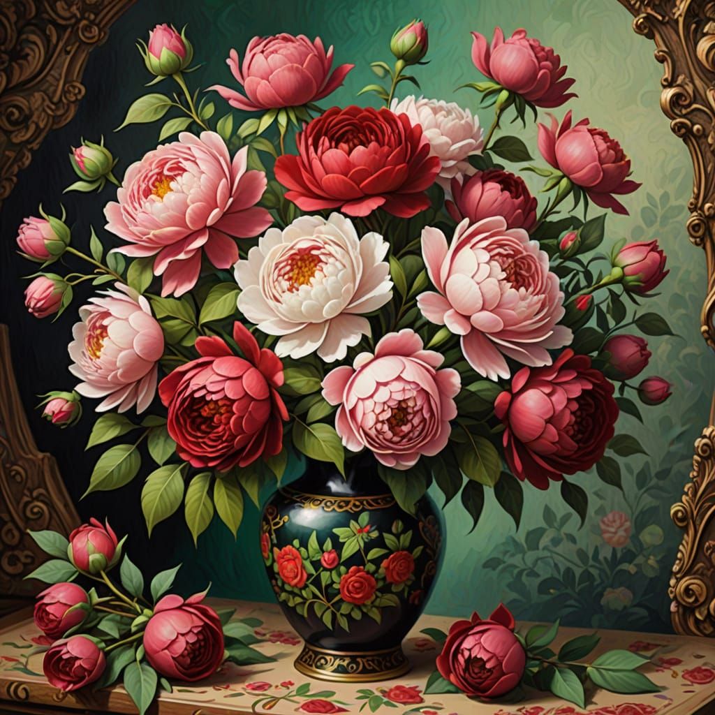 Vivid Roses and Peonies in Gouache Tattoo Style