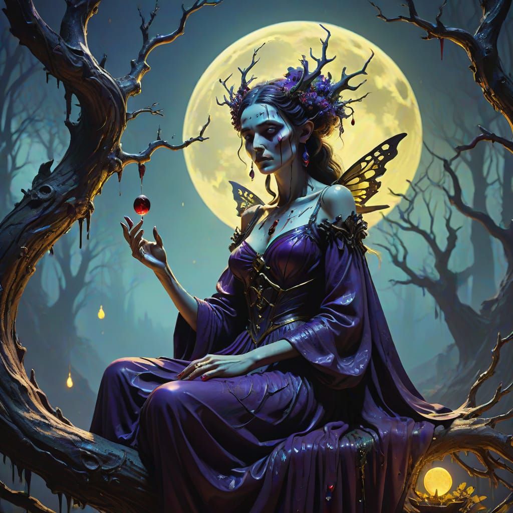 Gothic Fairy on Gnarled Branch Under Eerie Moonlight