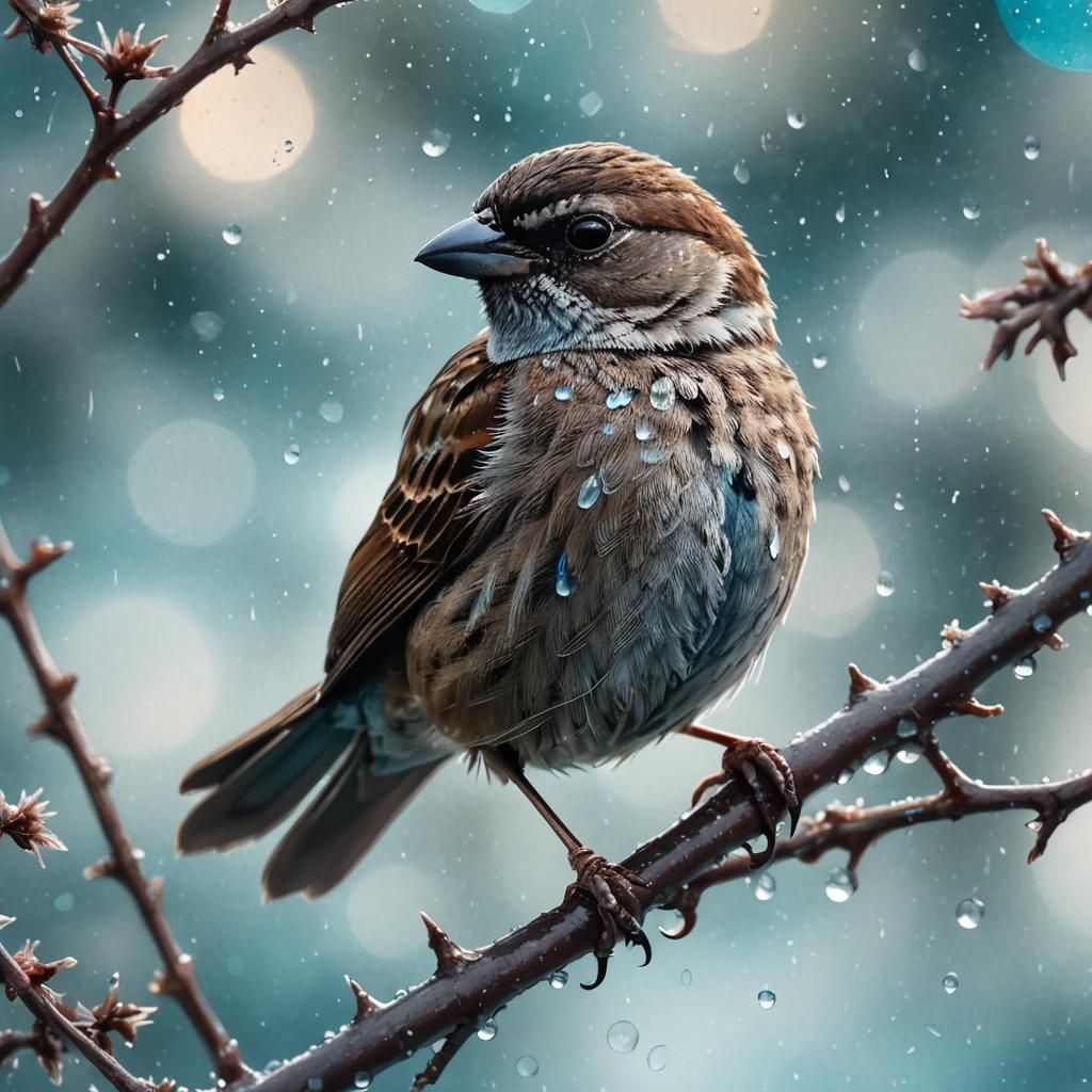 Detailed House Sparrow in Teal Watercolour Style