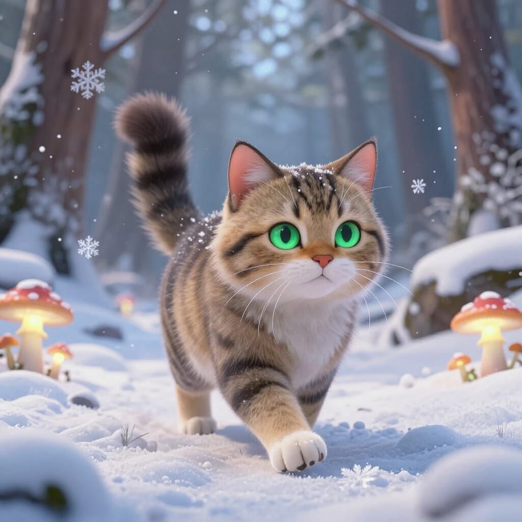 Fluffy Tabby Cat in Snowy Forest with Bioluminescent Mushroo...