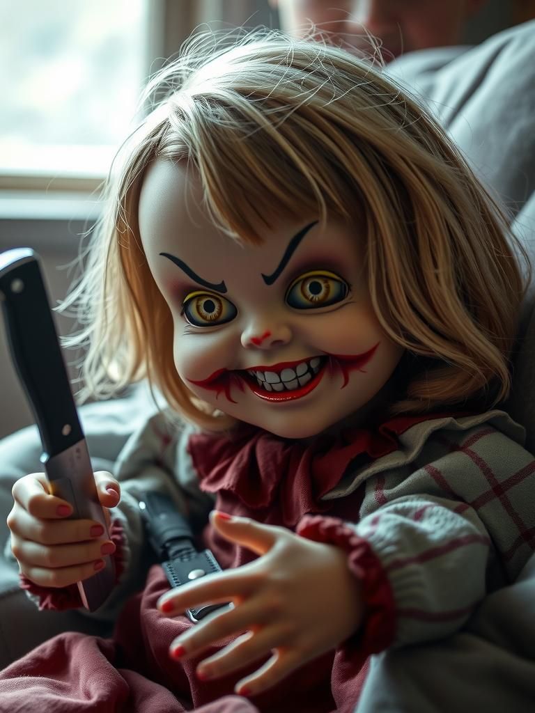 a doll looking at a knife with an evil look, blooming yellow eyes with red sclera and black veins, a macabre smile with ...