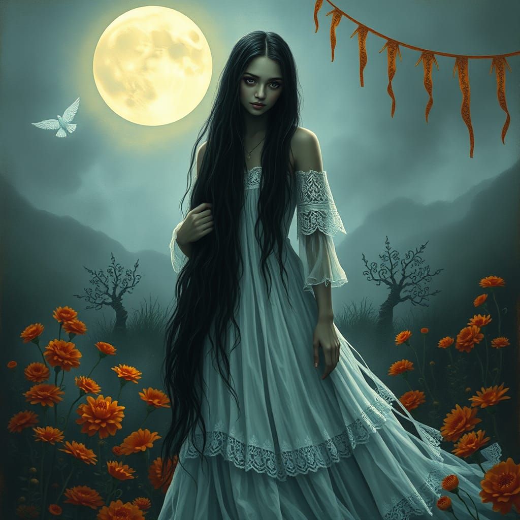 La Llorona in Mexican Landscape, Frida Kahlo Style