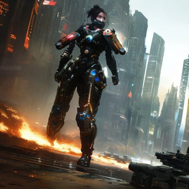 Cyborg Warrior Concept Art in Extraterrestrial City