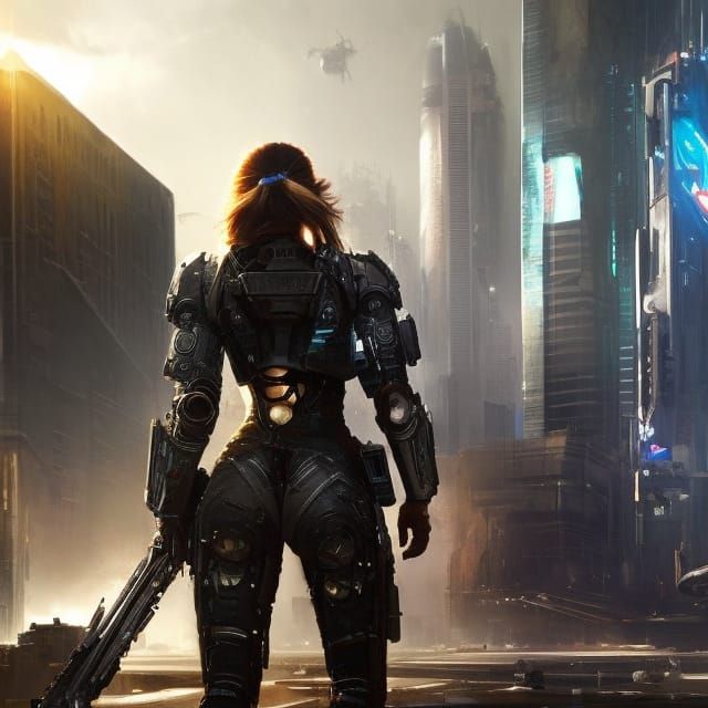 Female Cyborg Warrior in Extraterrestrial City