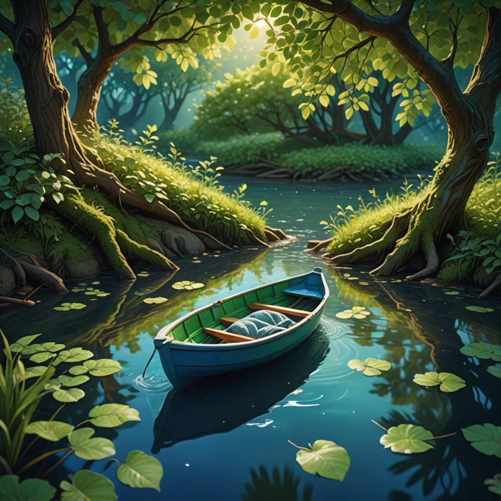 Newborn Dream: Miniature Boat on River in Digital Painting