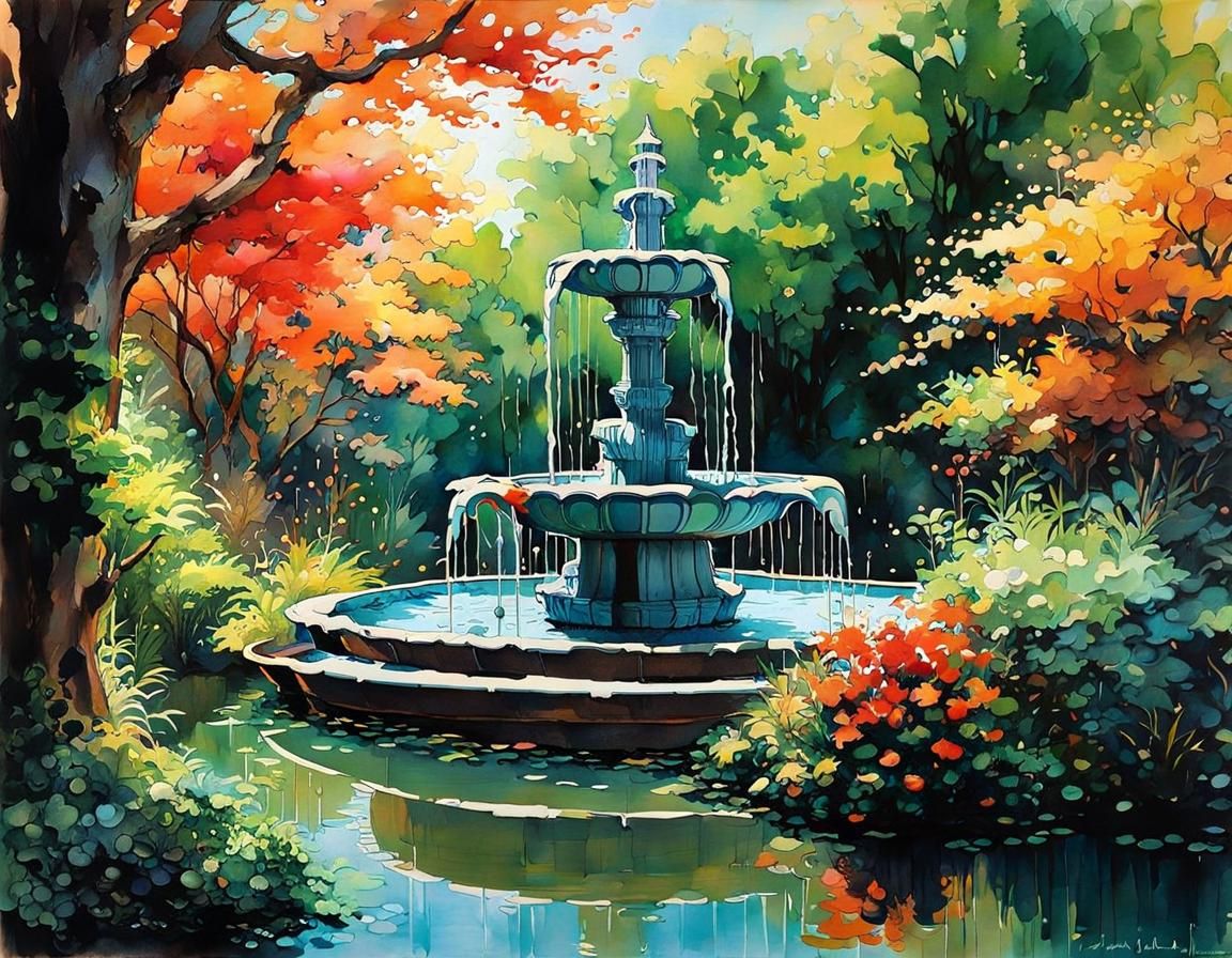 Studio Ghibli-Style Water Fountain in Nature