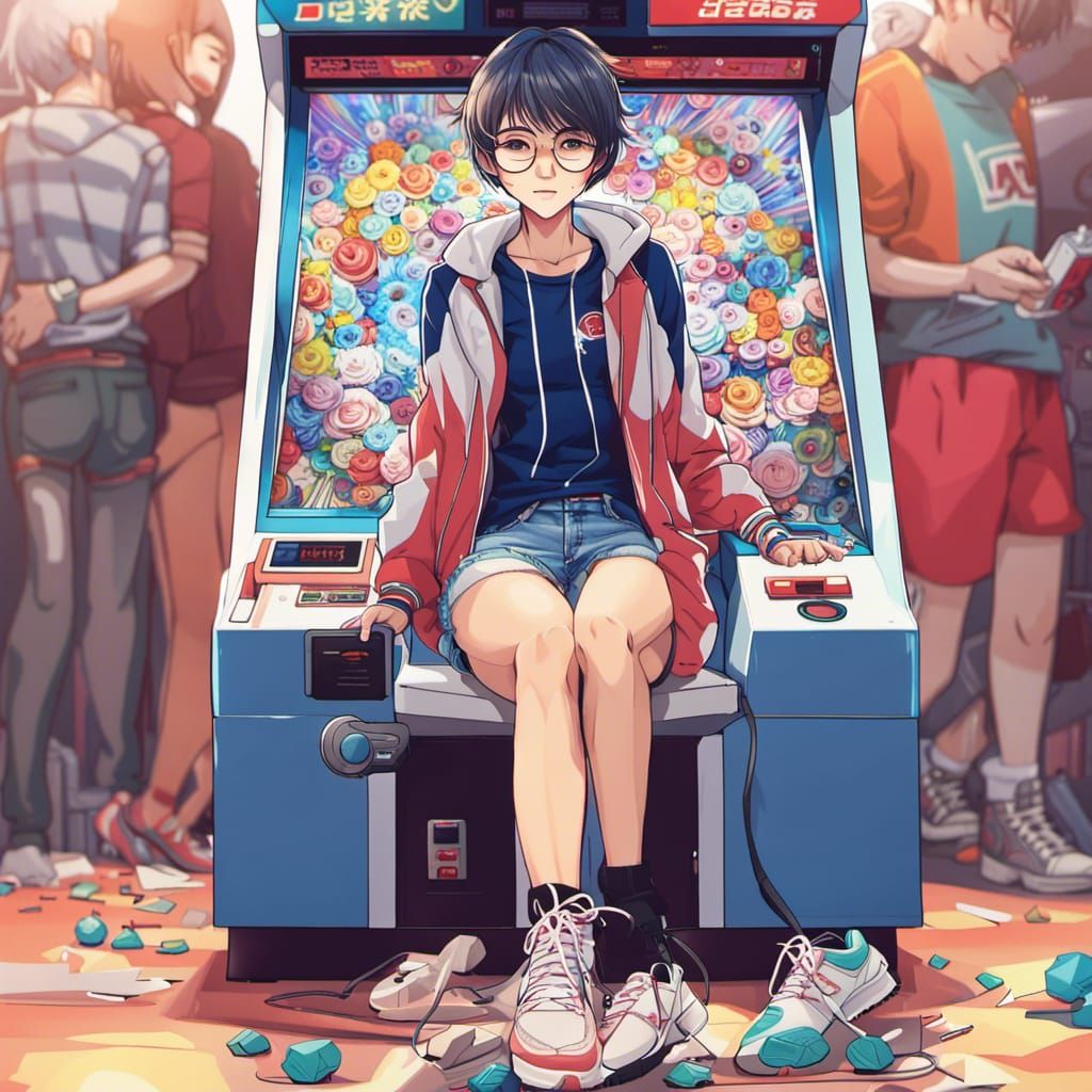 Anime Style Japanese Girl at Arcade Machine