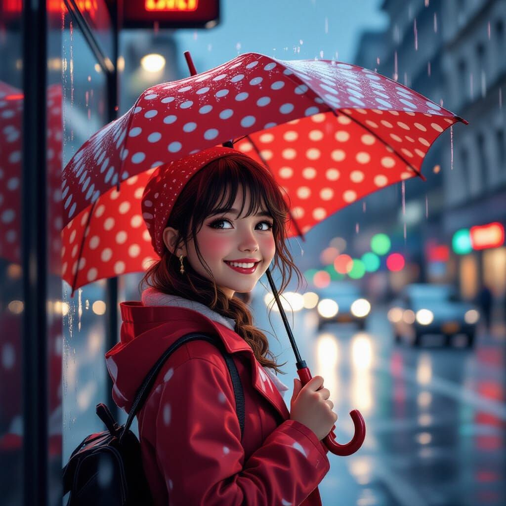 Joyful Girl with Polka Dot Umbrella at Bus Stop