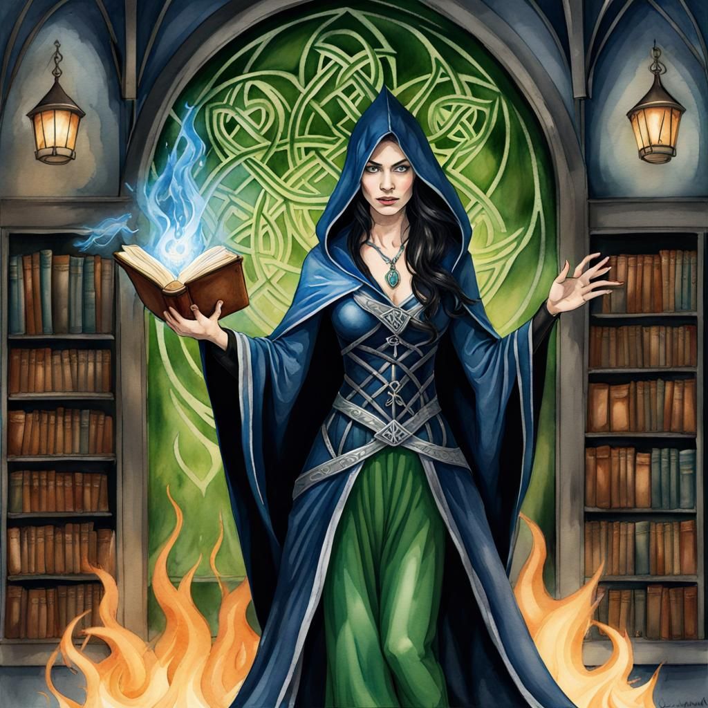 Sorceress Casting Spell in Castle Watercolor Illustration
