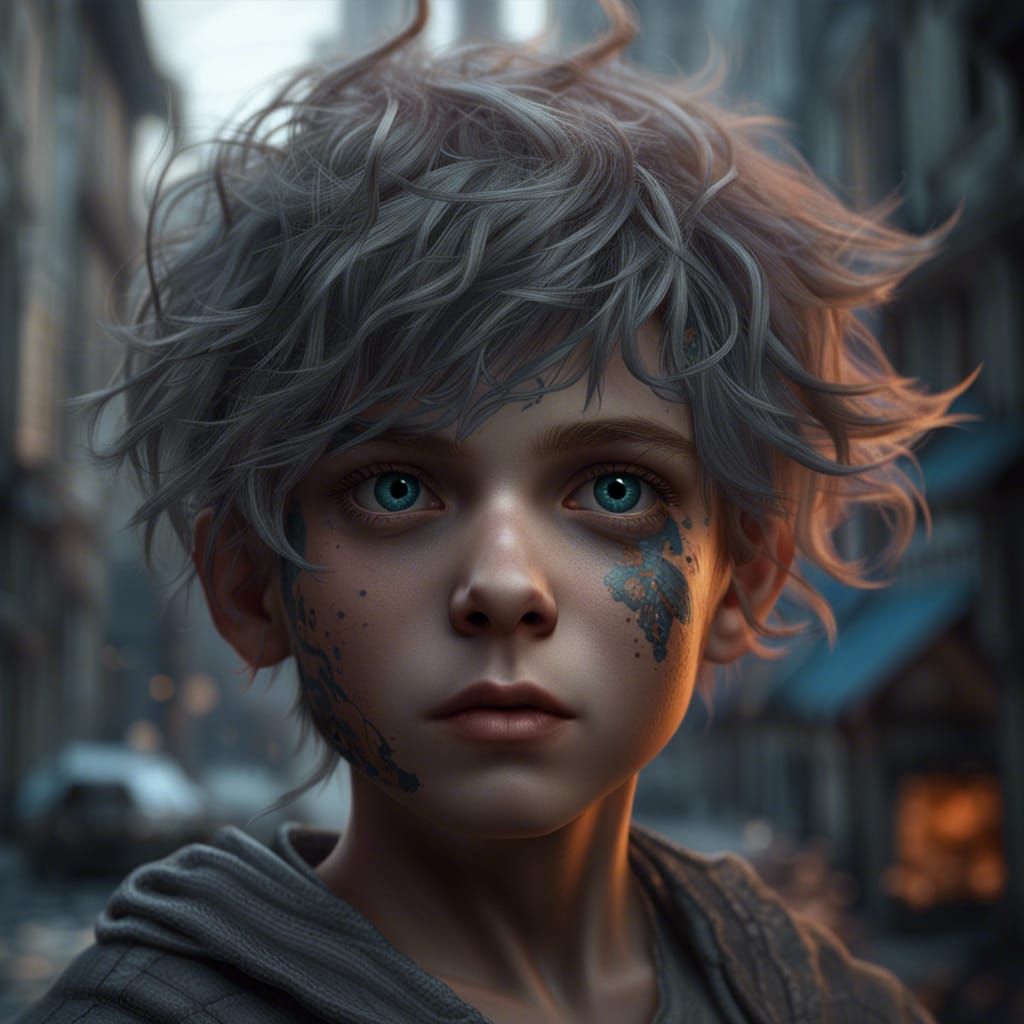 Brooding Boy with Grey Eyes: Detailed Matte Painting