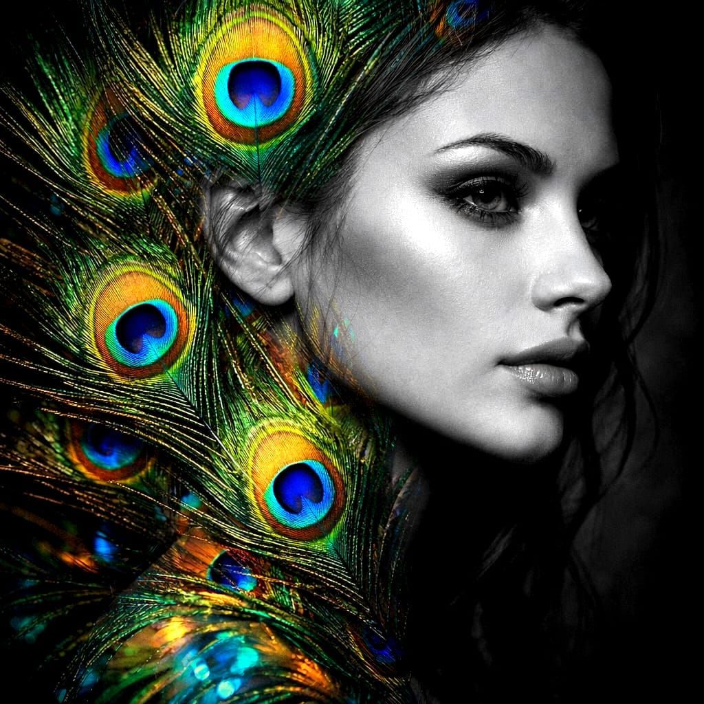 Photorealistic Peacock Feather Double Exposure Portrait