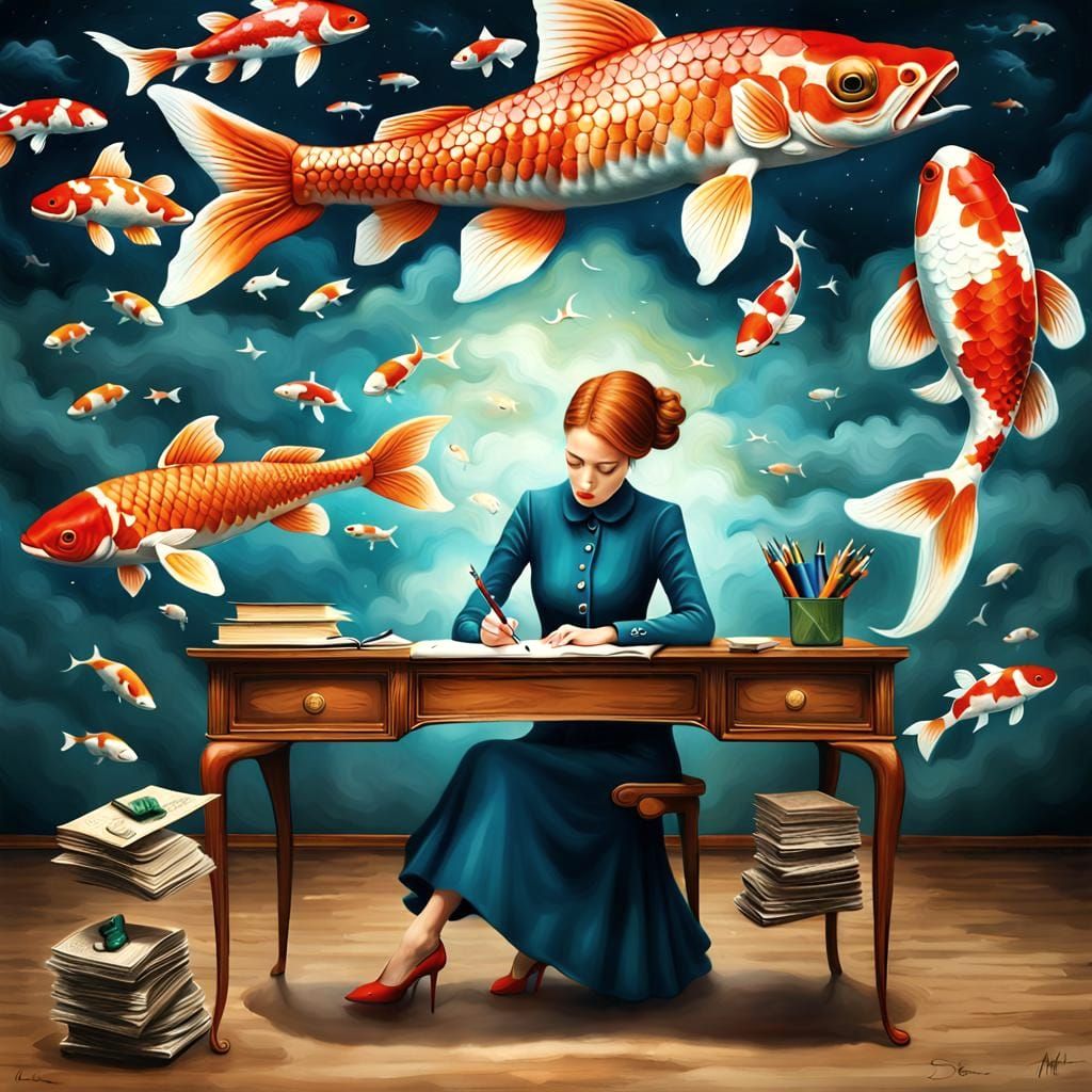 Surreal Woman Writes Under Floating Koi Fish