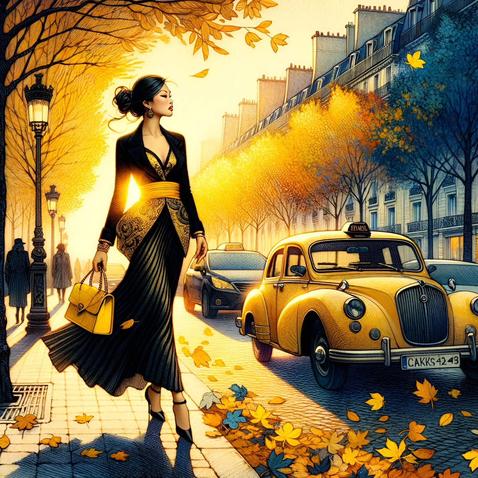 Parisian Sunset Stroll in Ukiyo-e Style