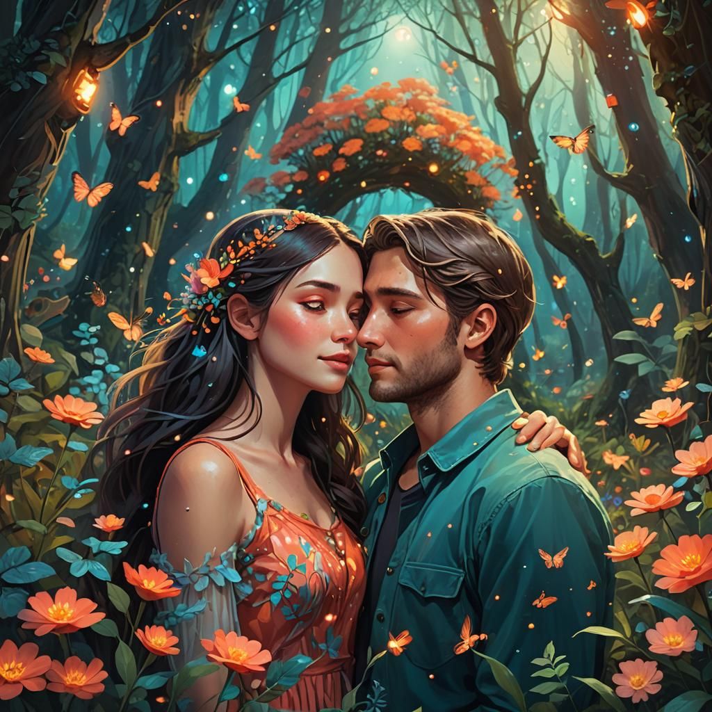 Romantic Couple Embrace in Whimsical Fantasy Forest