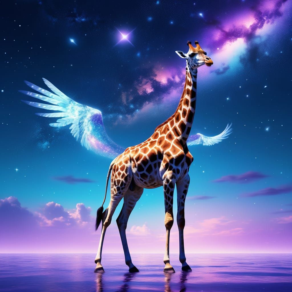 Winged Giraffe Soaring in Starry Dreamscape