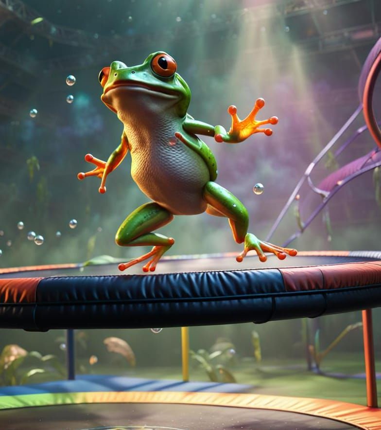 Frog Bouncing on Trampoline in 3D Game Style
