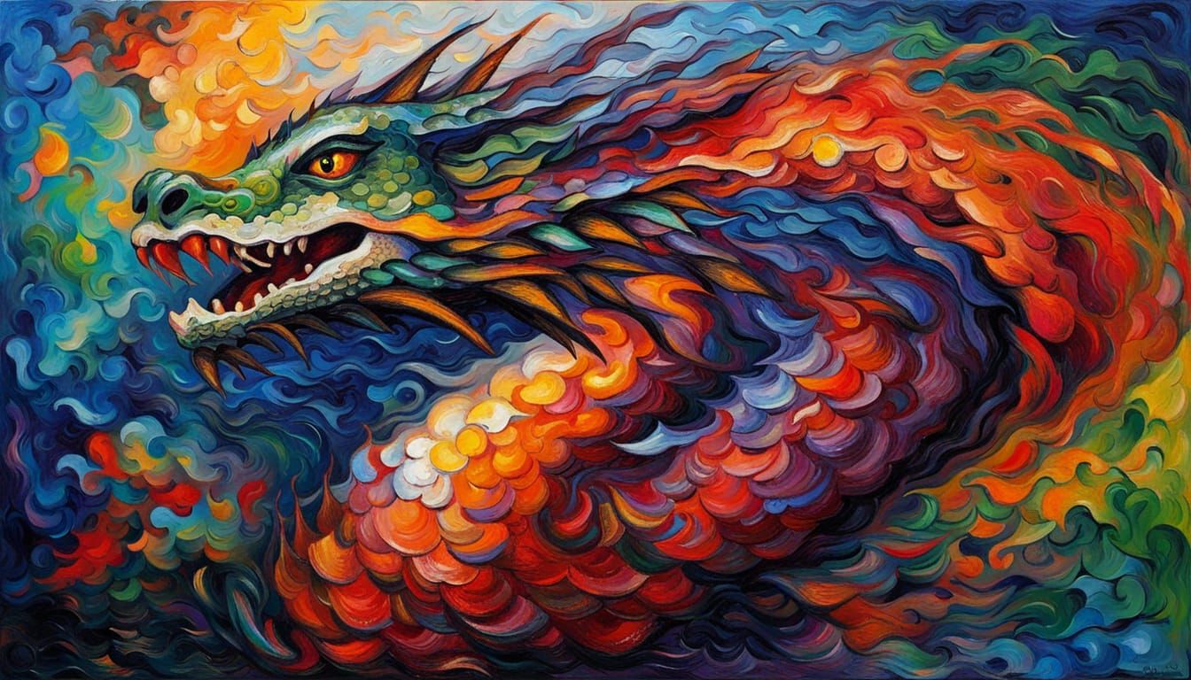 Dragon in Neo-Impressionistic Expressionist Oil Painting