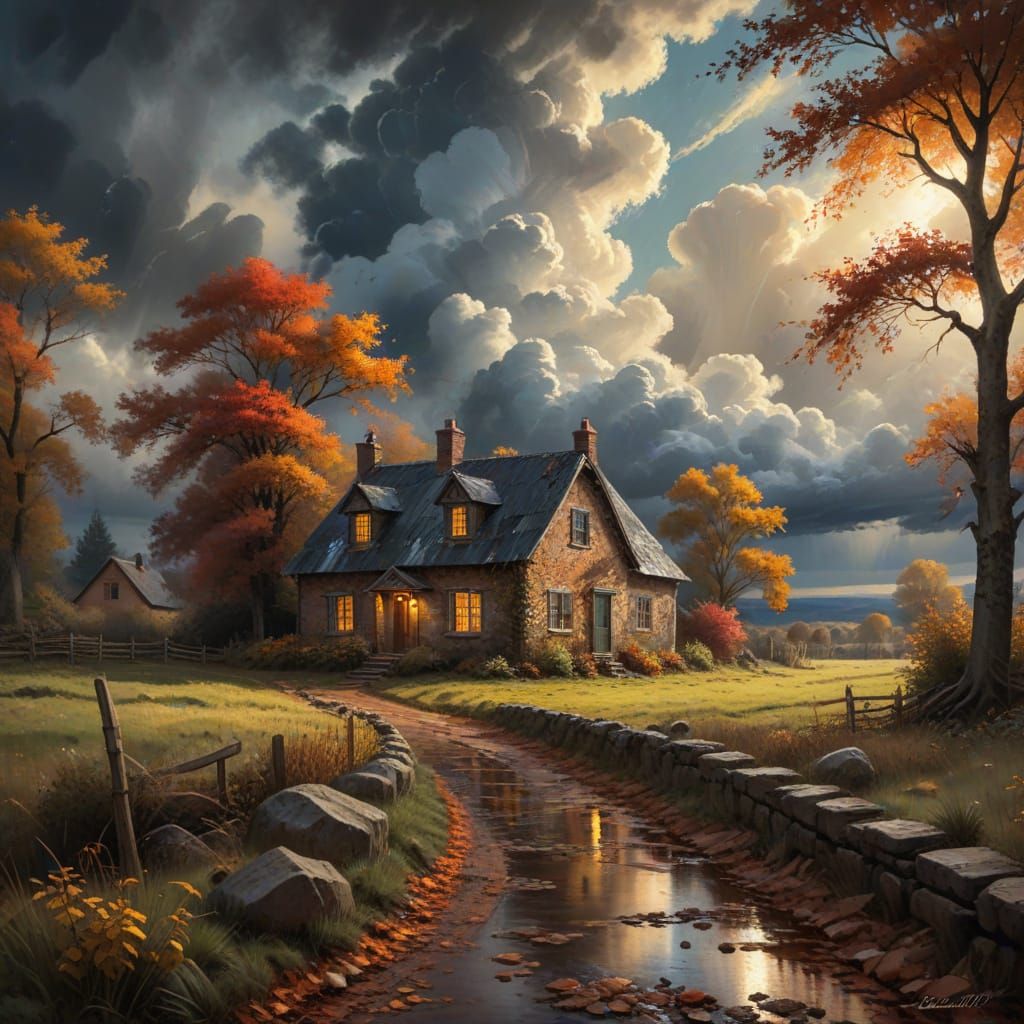 Vibrant Autumn Cottage in Stormy Weather, Gouache Style